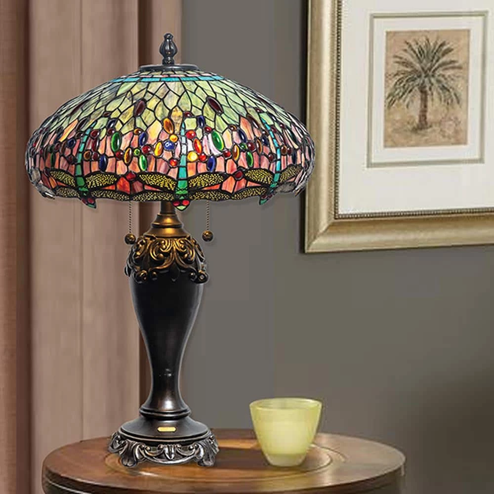 Aurelia 27 in. Antique Bronze Table Lamp with Hand Rolled Art Glass (Tiffany) Shade by Dale Tiffany 4 Aurelia 27 in. Antique Bronze Table Lamp with Hand Rolled Art Glass (Tiffany) Shade by Dale Tiffany - Image 2