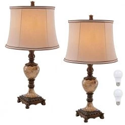 26 in. Antique Bronze/Faux Marble Table Lamp with Beige Shade, 9.5-Watt LED Bulbs Included (Set of 2) by TRUE FINE
