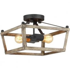 10.7 in. 2-Light Antique Bronze/Wood Tone Farmhouse Semi-Flush Mount Ceiling Light by TRUE FINE