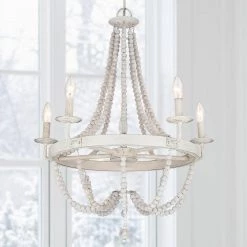 Dione 23 in. 5-Light Wood Bead Antique White Bohemian Candlestick Chandelier by TRUE FINE
