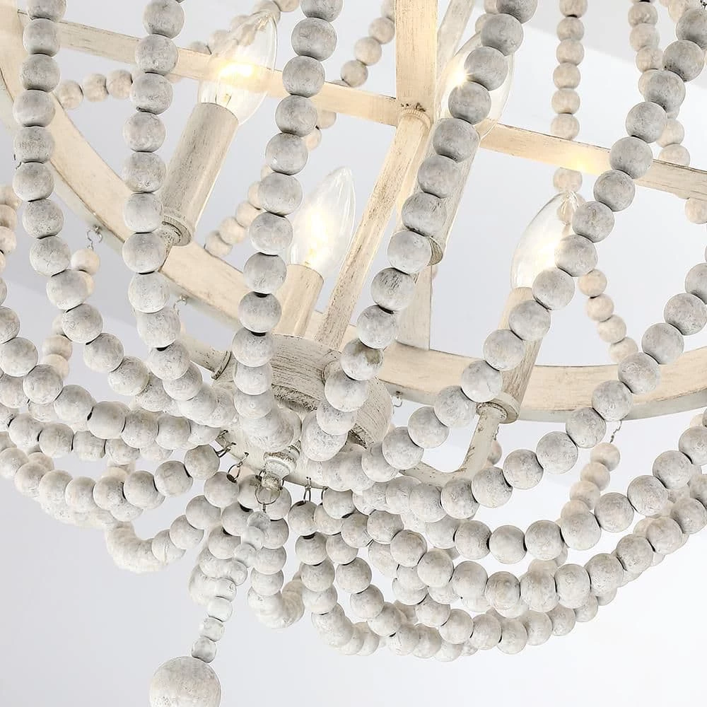 Dione 18 in. 4-Light Antique White Chandelier Wood Bead Bohemian Candlestick by TRUE FINE 10 Dione 18 in. 4-Light Antique White Chandelier Wood Bead Bohemian Candlestick by TRUE FINE - Image 8