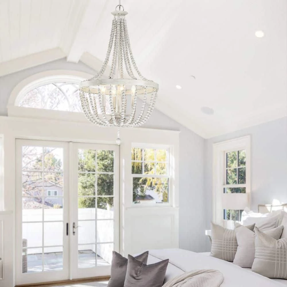 Dione 18 in. 4-Light Antique White Chandelier Wood Bead Bohemian Candlestick by TRUE FINE 5 Dione 18 in. 4-Light Antique White Chandelier Wood Bead Bohemian Candlestick by TRUE FINE - Image 3