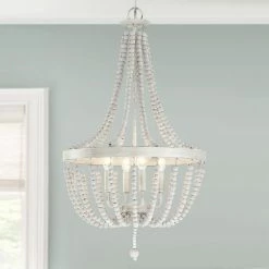 Dione 18 in. 4-Light Antique White Chandelier Wood Bead Bohemian Candlestick by TRUE FINE