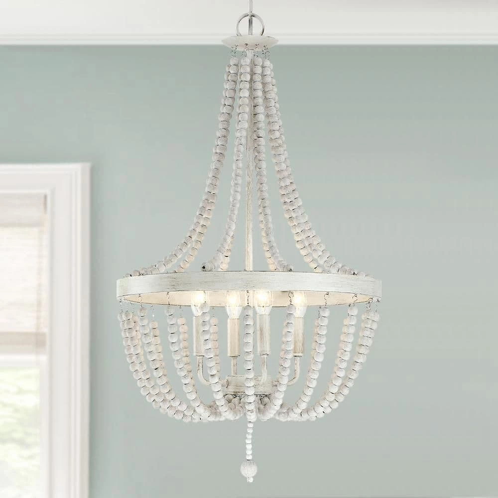 Dione 18 in. 4-Light Antique White Chandelier Wood Bead Bohemian Candlestick by TRUE FINE 3 Dione 18 in. 4-Light Antique White Chandelier Wood Bead Bohemian Candlestick by TRUE FINE