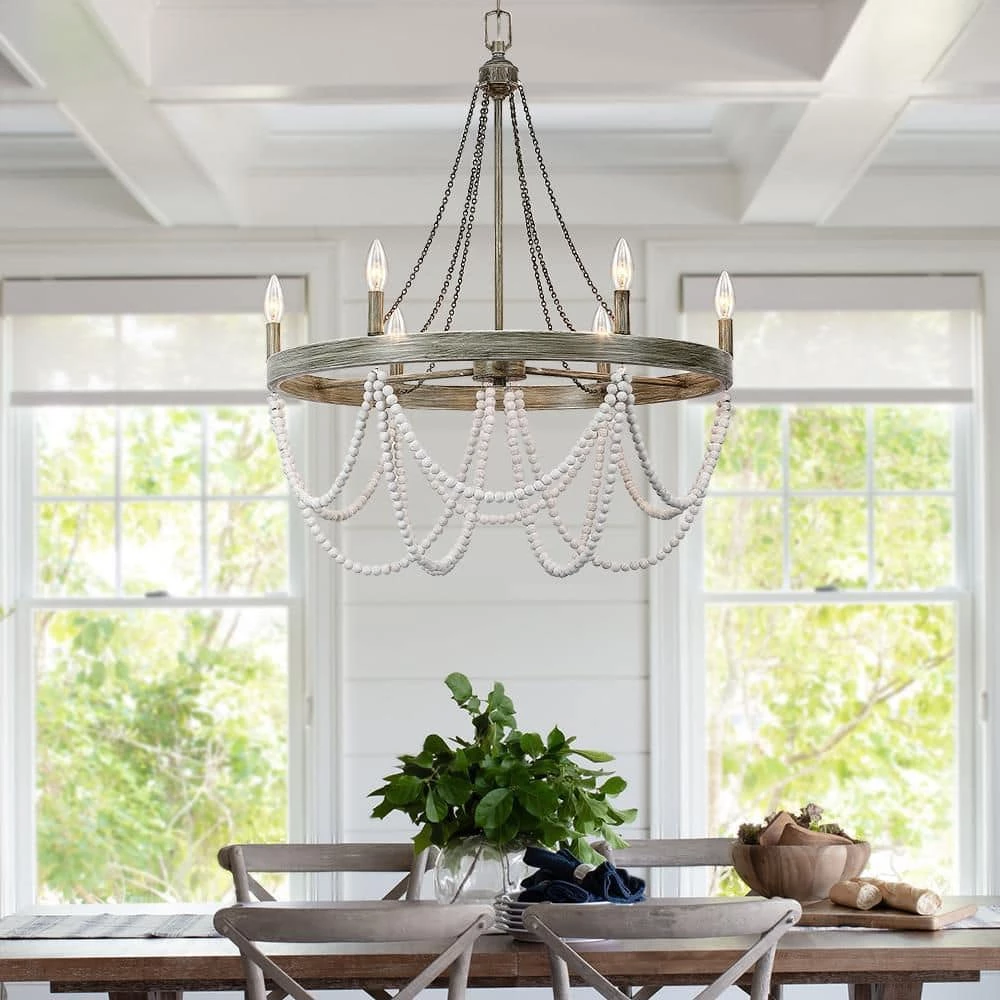 Dione 28 in. 6-Light White/Washed Chandelier Wood Bead Wood Bohemian Candlestick by TRUE FINE 5 Dione 28 in. 6-Light White/Washed Chandelier Wood Bead Wood Bohemian Candlestick by TRUE FINE - Image 3