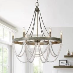 Dione 28 in. 6-Light White/Washed Chandelier Wood Bead Wood Bohemian Candlestick by TRUE FINE