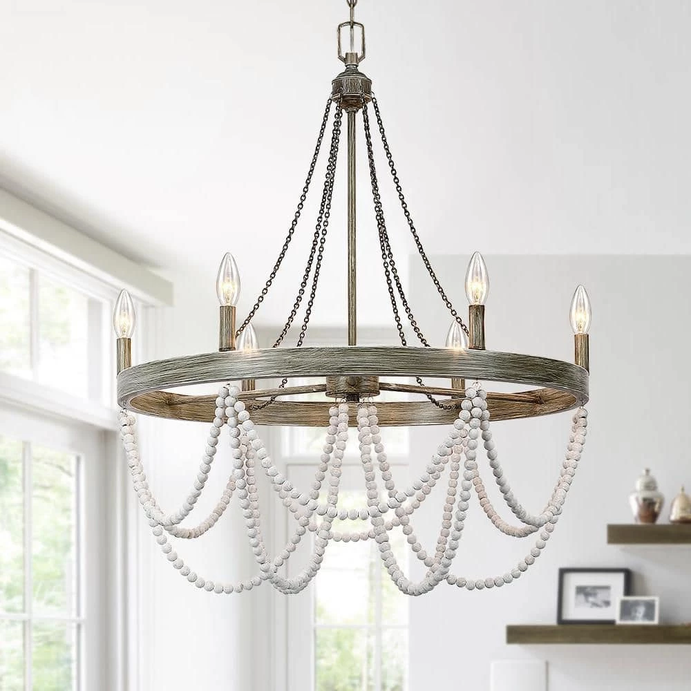 Dione 28 in. 6-Light White/Washed Chandelier Wood Bead Wood Bohemian Candlestick by TRUE FINE 3 Dione 28 in. 6-Light White/Washed Chandelier Wood Bead Wood Bohemian Candlestick by TRUE FINE