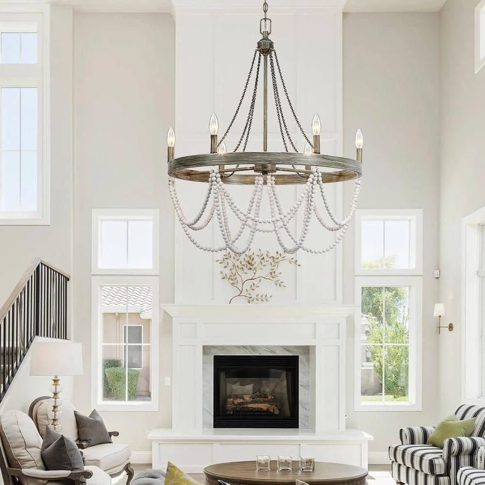 Dione 28 in. 6-Light White/Washed Chandelier Wood Bead Wood Bohemian Candlestick by TRUE FINE 4 Dione 28 in. 6-Light White/Washed Chandelier Wood Bead Wood Bohemian Candlestick by TRUE FINE - Image 2