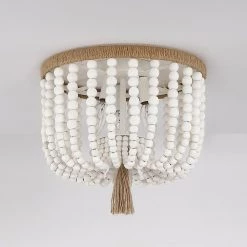 12.6 in. 3-Light Bohemia Antique White Wood Beaded Flush Mount Ceiling Light with Brown Rope Tassel by TRUE FINE -Dale Tiffany Store antique white true fine flush mount lights td90017cel 4f 1000