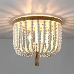 12.6 in. 3-Light Bohemia Antique White Wood Beaded Flush Mount Ceiling Light with Brown Rope Tassel by TRUE FINE -Dale Tiffany Store antique white true fine flush mount lights td90017cel c3 1000