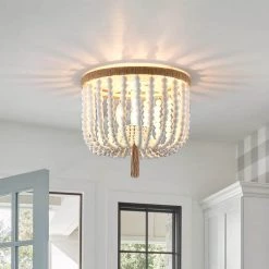 12.6 in. 3-Light Bohemia Antique White Wood Beaded Flush Mount Ceiling Light with Brown Rope Tassel by TRUE FINE -Dale Tiffany Store antique white true fine flush mount lights td90017cel e1 1000