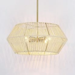 Bohe 22 in. 4-Light Beige/Brass Chandelier Bohemian Geometric with Hand Woven Shade by TRUE FINE