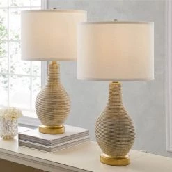 Richland 24.5 in. Beige/Gold Indoor Table Lamp with White Linen Shade and 9.5-Watt LED Bulbs Included (Set of 2) by TRUE FINE