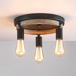 11.8 in. 3-Light Black and Distressed Faux Wood Rustic Farmhouse Flush Mount Ceiling Light by TRUE FINE