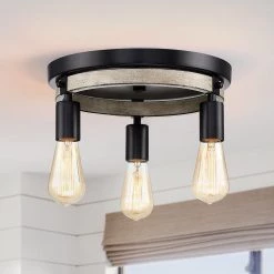 11.8 in. 3-Light Black and Distressed Faux Wood Rustic Farmhouse Flush Mount Ceiling Light by TRUE FINE -Dale Tiffany Store black and distressed faux wood true fine flush mount lights td20010fl fa 1000