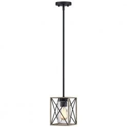 Brooklyn 1-Light Black and Distressed Faux Wood Rustic Farmhouse Mini Pendant Island Light with Seeded Glass Shade by TRUE FINE