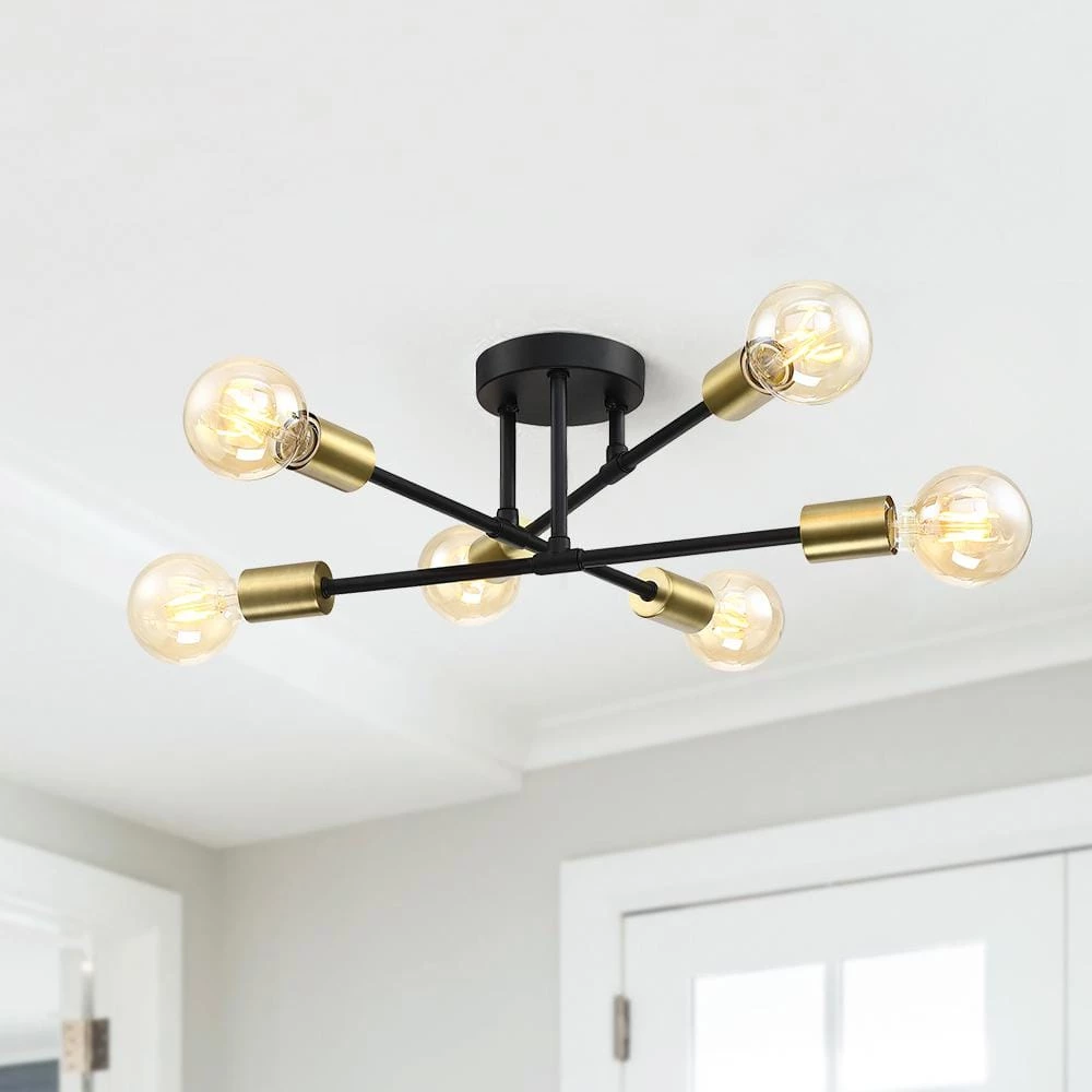 Trident 25.5 in. 6-Light Black and Gold Sputnik Semi Flush Mount Ceiling Light by TRUE FINE 3 Trident 25.5 in. 6-Light Black and Gold Sputnik Semi Flush Mount Ceiling Light by TRUE FINE