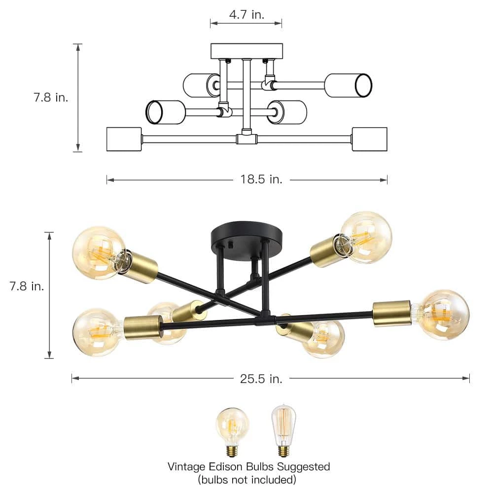 Trident 25.5 in. 6-Light Black and Gold Sputnik Semi Flush Mount Ceiling Light by TRUE FINE 8 Trident 25.5 in. 6-Light Black and Gold Sputnik Semi Flush Mount Ceiling Light by TRUE FINE - Image 6