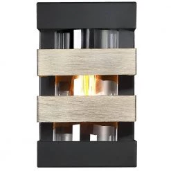1-Light Black and Wood Tone Modern Hardwired Outdoor Wall Lantern Sconce with Clear Glass Cylinder by TRUE FINE -Dale Tiffany Store black and wood tone true fine outdoor sconces td41013ot 1f 1000