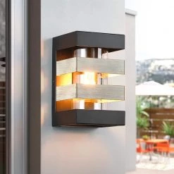 1-Light Black and Wood Tone Modern Hardwired Outdoor Wall Lantern Sconce with Clear Glass Cylinder by TRUE FINE -Dale Tiffany Store black and wood tone true fine outdoor sconces td41013ot 40 1000