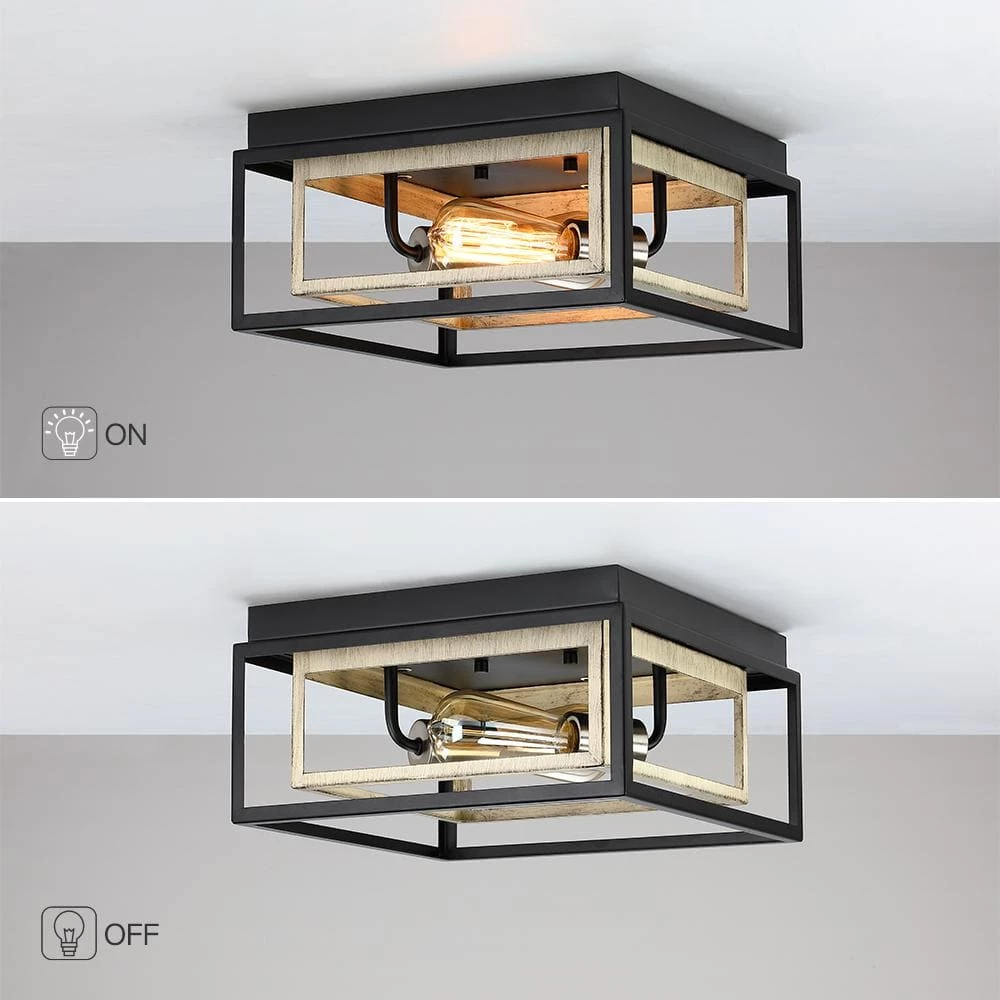 Exton 11.8 in. 2-Light Black and Wood Farmhouse Flush Mount Ceiling Light with Open Double Box by TRUE FINE 5 Exton 11.8 in. 2-Light Black and Wood Farmhouse Flush Mount Ceiling Light with Open Double Box by TRUE FINE - Image 3