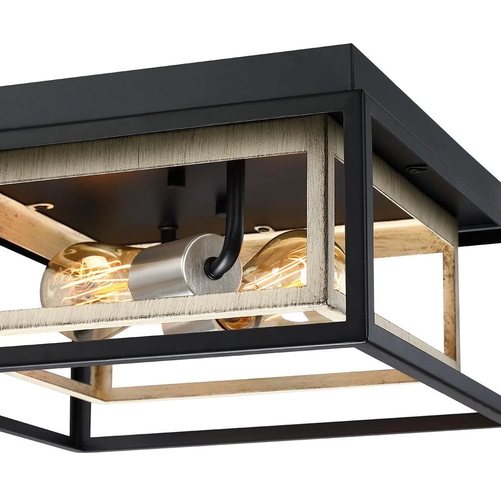 Exton 11.8 in. 2-Light Black and Wood Farmhouse Flush Mount Ceiling Light with Open Double Box by TRUE FINE 9 Exton 11.8 in. 2-Light Black and Wood Farmhouse Flush Mount Ceiling Light with Open Double Box by TRUE FINE - Image 7