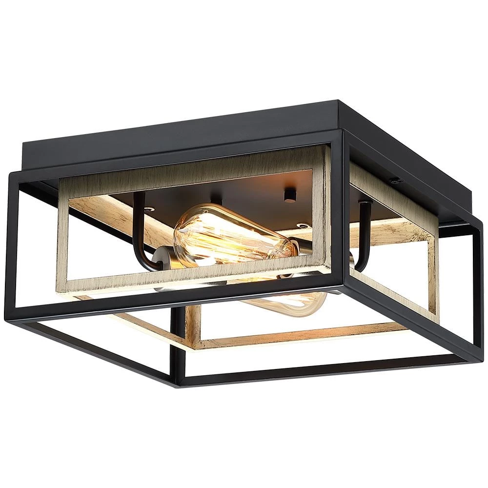 Exton 11.8 in. 2-Light Black and Wood Farmhouse Flush Mount Ceiling Light with Open Double Box by TRUE FINE 8 Exton 11.8 in. 2-Light Black and Wood Farmhouse Flush Mount Ceiling Light with Open Double Box by TRUE FINE - Image 6