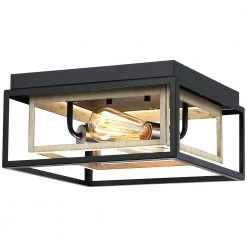 Exton 11.8 in. 2-Light Black and Wood Farmhouse Flush Mount Ceiling Light with Open Double Box by TRUE FINE