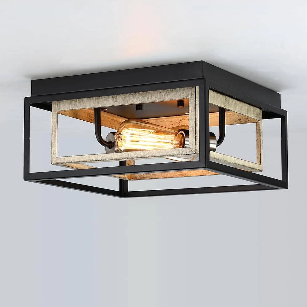 Exton 11.8 in. 2-Light Black and Wood Farmhouse Flush Mount Ceiling Light with Open Double Box by TRUE FINE 6 Exton 11.8 in. 2-Light Black and Wood Farmhouse Flush Mount Ceiling Light with Open Double Box by TRUE FINE - Image 4