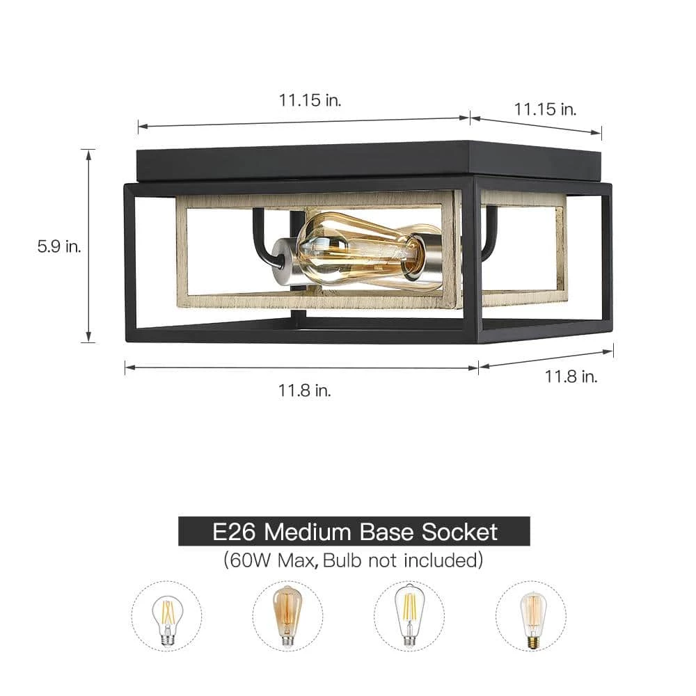 Exton 11.8 in. 2-Light Black and Wood Farmhouse Flush Mount Ceiling Light with Open Double Box by TRUE FINE 7 Exton 11.8 in. 2-Light Black and Wood Farmhouse Flush Mount Ceiling Light with Open Double Box by TRUE FINE - Image 5
