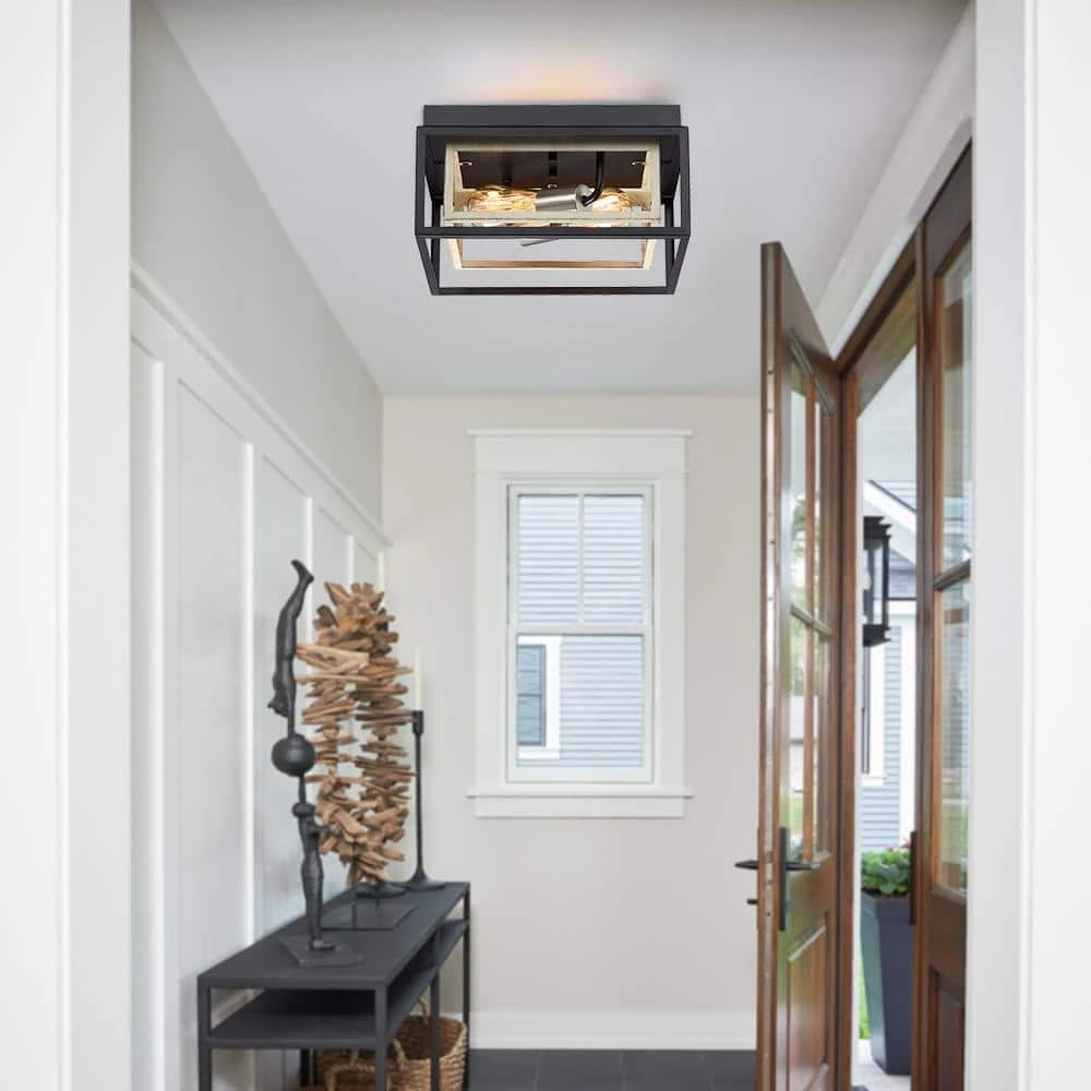 Exton 11.8 in. 2-Light Black and Wood Farmhouse Flush Mount Ceiling Light with Open Double Box by TRUE FINE 4 Exton 11.8 in. 2-Light Black and Wood Farmhouse Flush Mount Ceiling Light with Open Double Box by TRUE FINE - Image 2