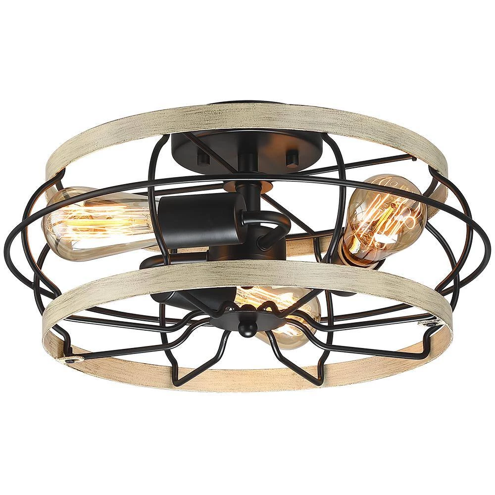 15 in. 3-Light Black and Wood Farmhouse Metal Cage Semi-Flush Mount Ceiling Light by TRUE FINE 9 15 in. 3-Light Black and Wood Farmhouse Metal Cage Semi-Flush Mount Ceiling Light by TRUE FINE - Image 7