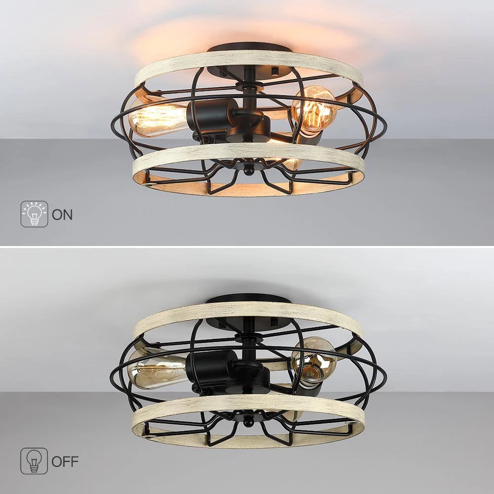 15 in. 3-Light Black and Wood Farmhouse Metal Cage Semi-Flush Mount Ceiling Light by TRUE FINE 8 15 in. 3-Light Black and Wood Farmhouse Metal Cage Semi-Flush Mount Ceiling Light by TRUE FINE - Image 6