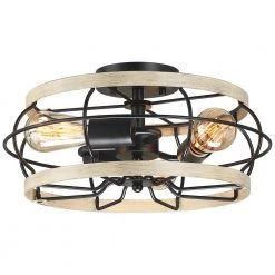 15 in. 3-Light Black and Wood Farmhouse Metal Cage Semi-Flush Mount Ceiling Light by TRUE FINE