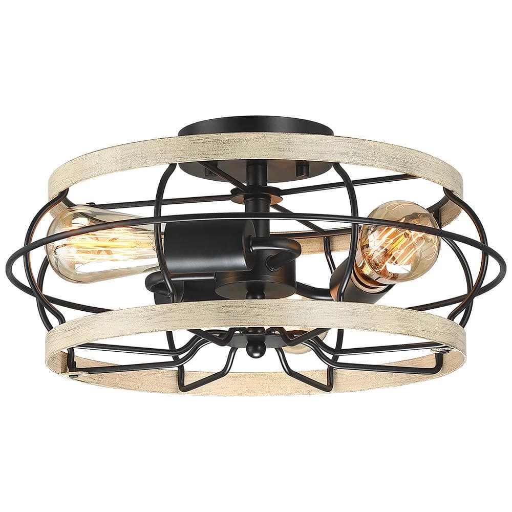 15 in. 3-Light Black and Wood Farmhouse Metal Cage Semi-Flush Mount Ceiling Light by TRUE FINE 3 15 in. 3-Light Black and Wood Farmhouse Metal Cage Semi-Flush Mount Ceiling Light by TRUE FINE