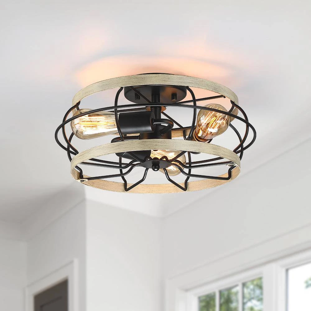 15 in. 3-Light Black and Wood Farmhouse Metal Cage Semi-Flush Mount Ceiling Light by TRUE FINE 6 15 in. 3-Light Black and Wood Farmhouse Metal Cage Semi-Flush Mount Ceiling Light by TRUE FINE - Image 4