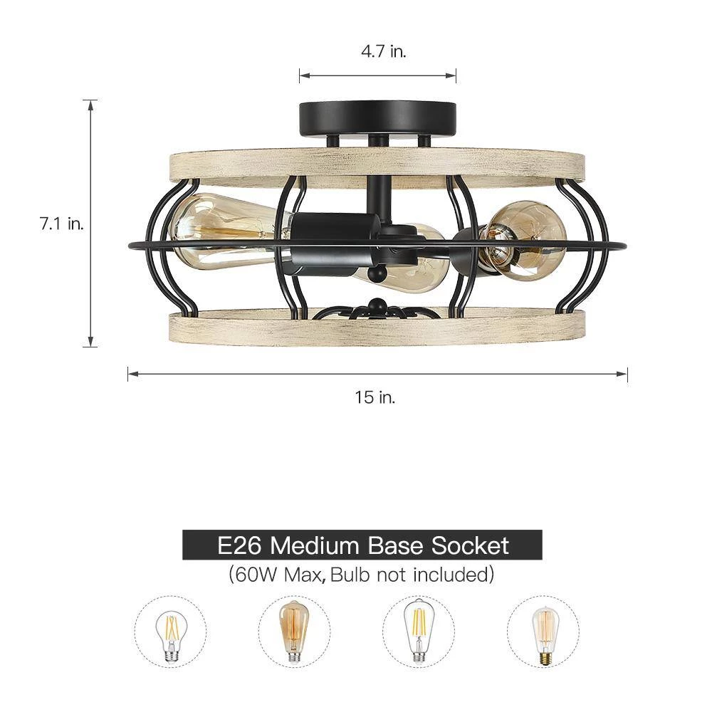 15 in. 3-Light Black and Wood Farmhouse Metal Cage Semi-Flush Mount Ceiling Light by TRUE FINE 7 15 in. 3-Light Black and Wood Farmhouse Metal Cage Semi-Flush Mount Ceiling Light by TRUE FINE - Image 5