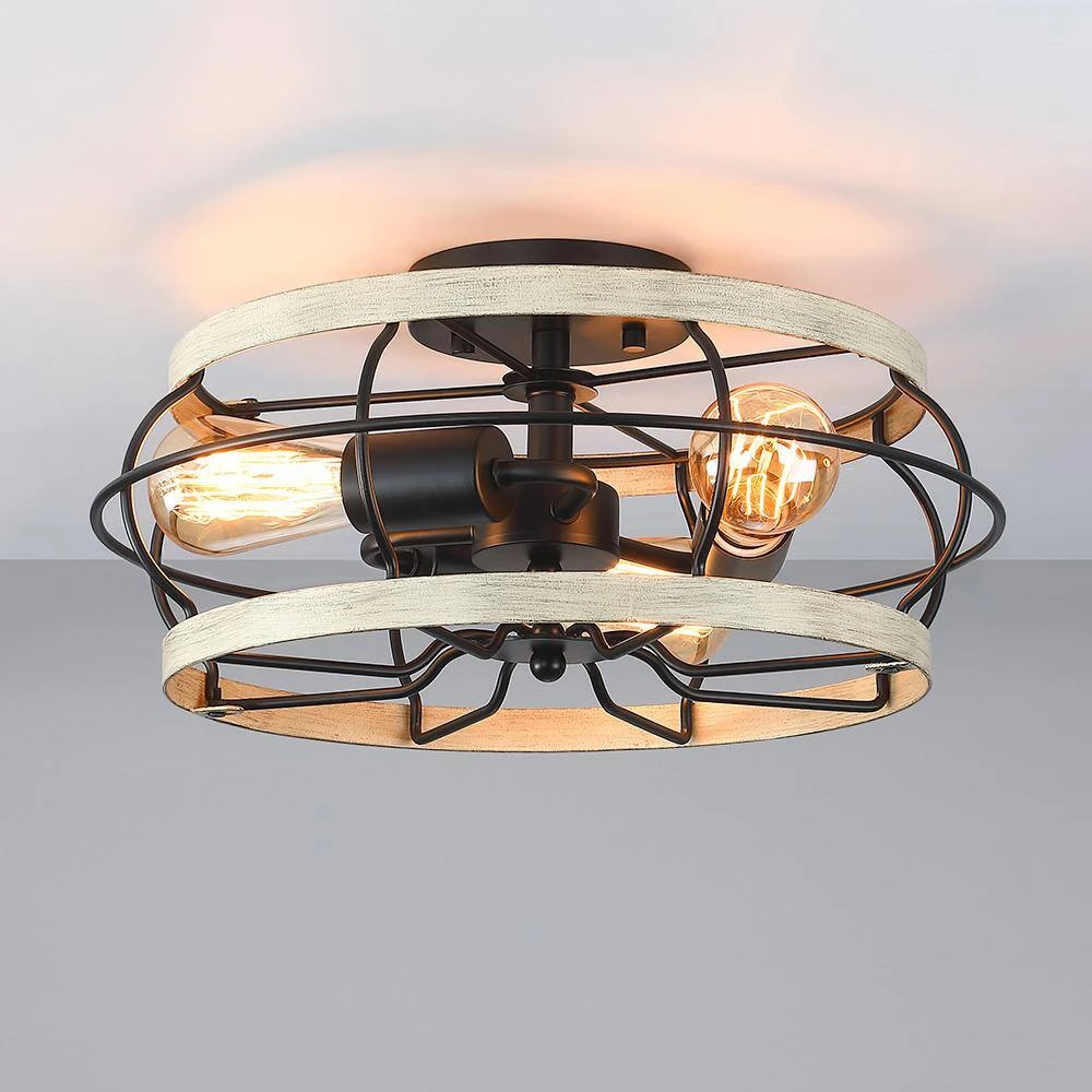 15 in. 3-Light Black and Wood Farmhouse Metal Cage Semi-Flush Mount Ceiling Light by TRUE FINE 4 15 in. 3-Light Black and Wood Farmhouse Metal Cage Semi-Flush Mount Ceiling Light by TRUE FINE - Image 2