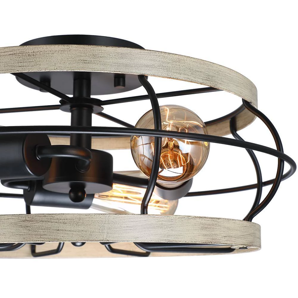 15 in. 3-Light Black and Wood Farmhouse Metal Cage Semi-Flush Mount Ceiling Light by TRUE FINE 11 15 in. 3-Light Black and Wood Farmhouse Metal Cage Semi-Flush Mount Ceiling Light by TRUE FINE - Image 9