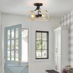 Gavin 12.6 in. 2-Light Black and Wood Farmhouse Open Cage Semi-Flush Mount Ceiling Light by TRUE FINE -Dale Tiffany Store black and wood true fine flush mount lights td41004fl 1d 1000