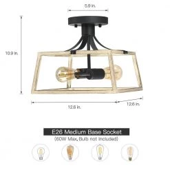 Gavin 12.6 in. 2-Light Black and Wood Farmhouse Open Cage Semi-Flush Mount Ceiling Light by TRUE FINE -Dale Tiffany Store black and wood true fine flush mount lights td41004fl 40 1000