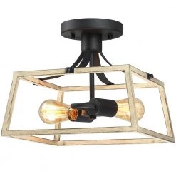 Gavin 12.6 in. 2-Light Black and Wood Farmhouse Open Cage Semi-Flush Mount Ceiling Light by TRUE FINE