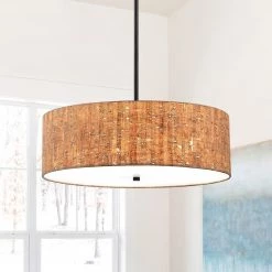Sunrise 22 in. 4-Light Black Canopy Chandelier Cork Drum Pendant by TRUE FINE