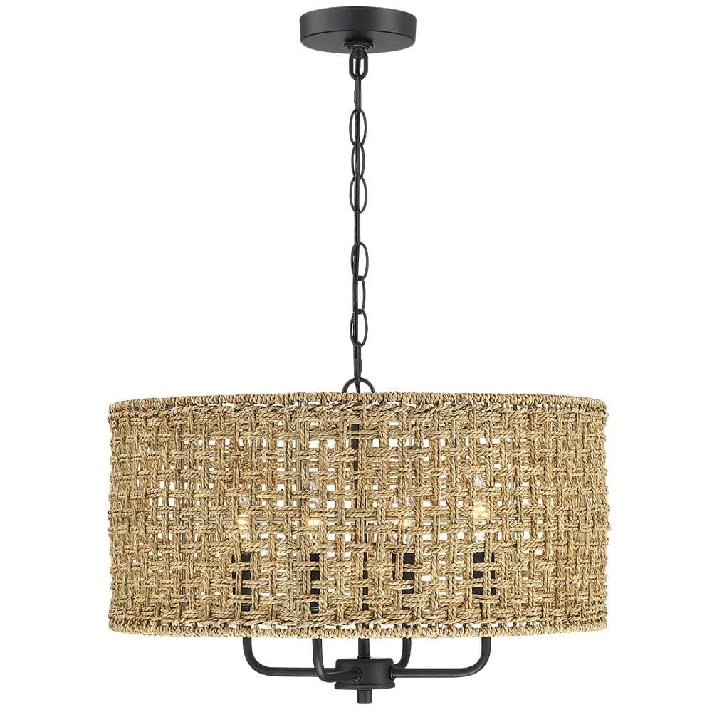 Cape 20 in. 4-Light Bohemian Drum Chandelier with Lime Hand Woven Shade by TRUE FINE 3 Cape 20 in. 4-Light Bohemian Drum Chandelier with Lime Hand Woven Shade by TRUE FINE