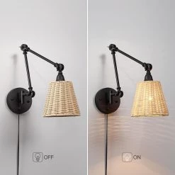 Adella 1-Light Black Rustic Natural Rattan Plug-In Swing Arm Wall Lamp with Dimmer Switch by TRUE FINE 19 Adella 1-Light Black Rustic Natural Rattan Plug-In Swing Arm Wall Lamp with Dimmer Switch by TRUE FINE -Dale Tiffany Store black rattan true fine wall lamps td10027w 1f 1000