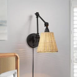 Adella 1-Light Black Rustic Natural Rattan Plug-In Swing Arm Wall Lamp with Dimmer Switch by TRUE FINE 14 Adella 1-Light Black Rustic Natural Rattan Plug-In Swing Arm Wall Lamp with Dimmer Switch by TRUE FINE -Dale Tiffany Store black rattan true fine wall lamps td10027w 40 1000