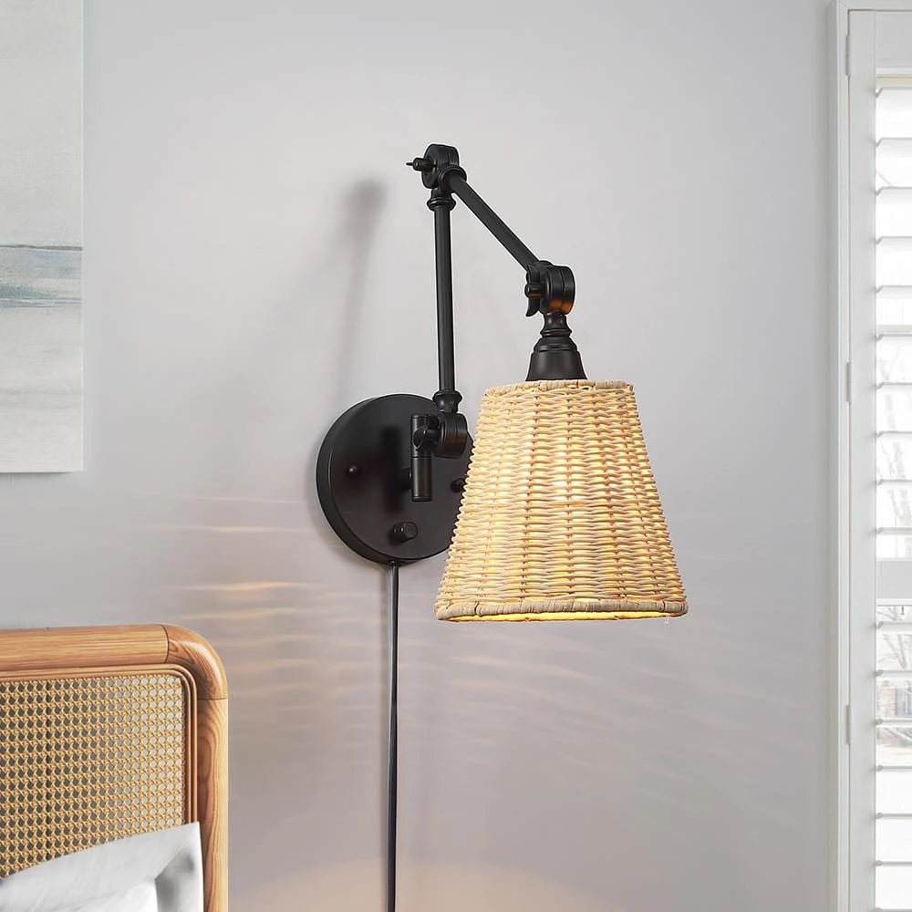 Adella 1-Light Black Rustic Natural Rattan Plug-In Swing Arm Wall Lamp with Dimmer Switch by TRUE FINE 5 Adella 1-Light Black Rustic Natural Rattan Plug-In Swing Arm Wall Lamp with Dimmer Switch by TRUE FINE - Image 3