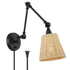 Adella 1-Light Black Rustic Natural Rattan Plug-In Swing Arm Wall Lamp with Dimmer Switch by TRUE FINE