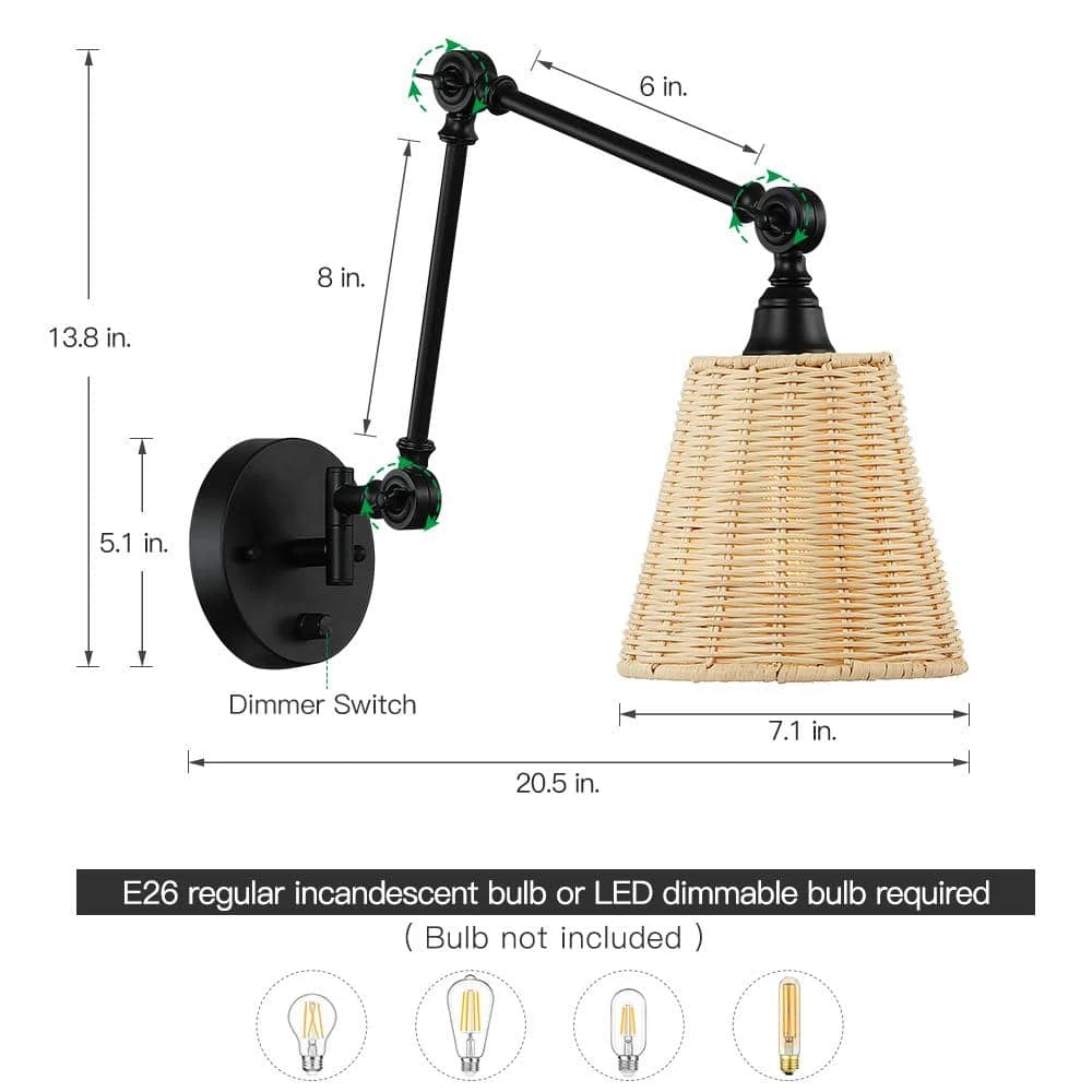 Adella 1-Light Black Rustic Natural Rattan Plug-In Swing Arm Wall Lamp with Dimmer Switch by TRUE FINE 7 Adella 1-Light Black Rustic Natural Rattan Plug-In Swing Arm Wall Lamp with Dimmer Switch by TRUE FINE - Image 5