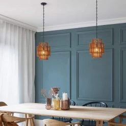 Rhett 11 in. 1-Light Tiered Rattan Drum Pendant Light with Black Canopy by TRUE FINE -Dale Tiffany Store black tan true fine chandeliers td60009p 1d 1000